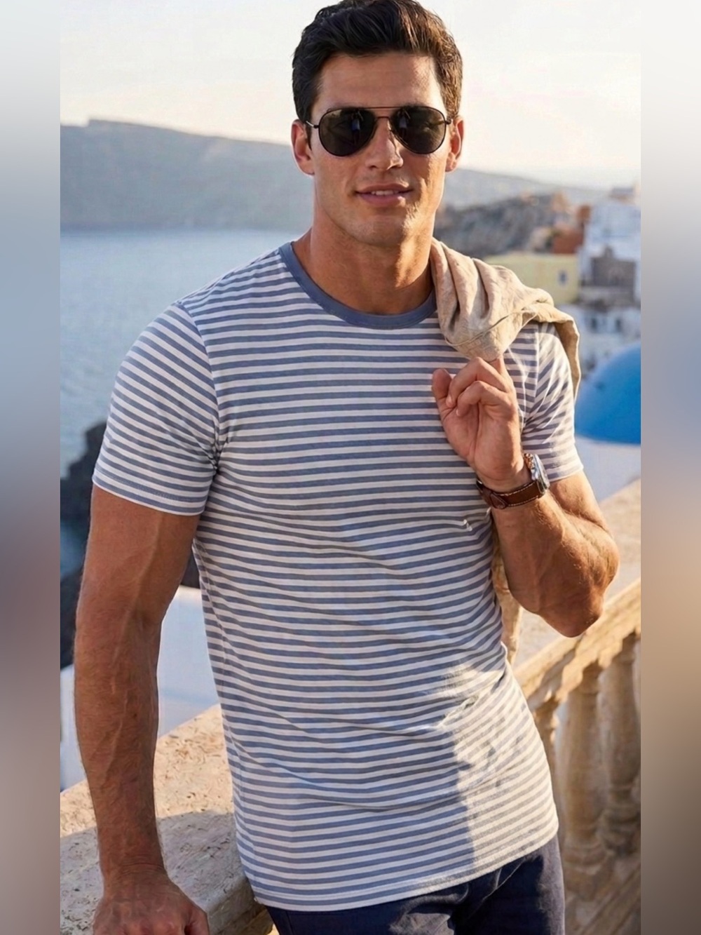 Lululemon Mens Organic Cotton Classic-Fit T-Shirt Blue & White Bold Stripe